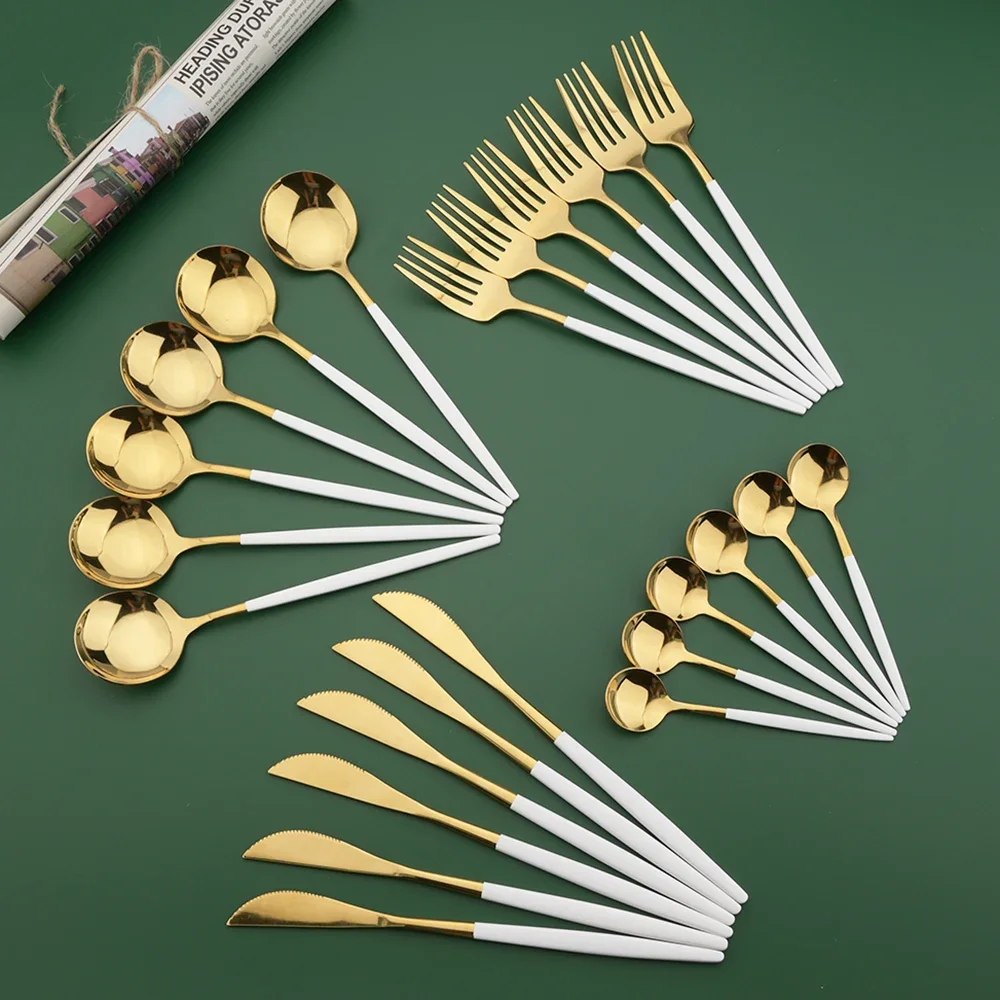 Gold Plated Cutlery - 16/24/32/48 adet yemek takımı seti beyaz